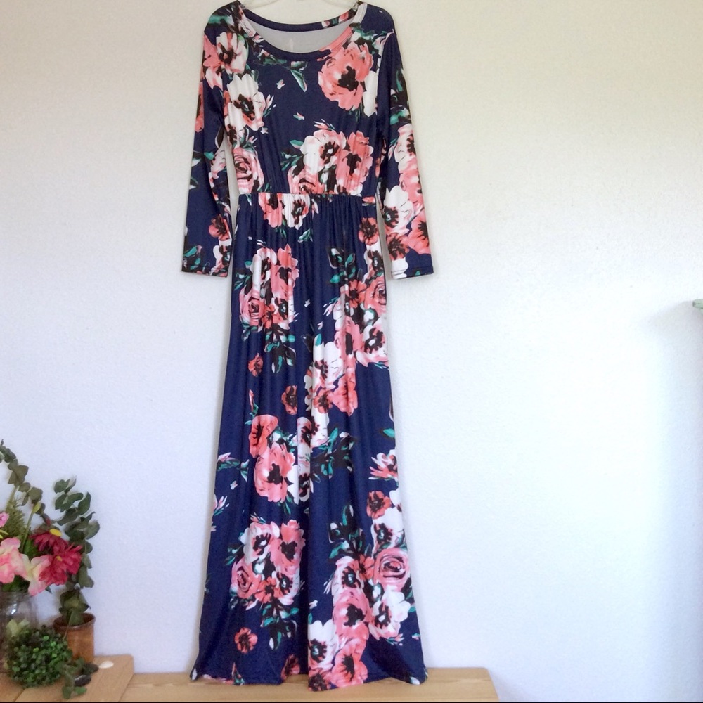 maxi long sleeve floral dress, jersey, blue, flowers